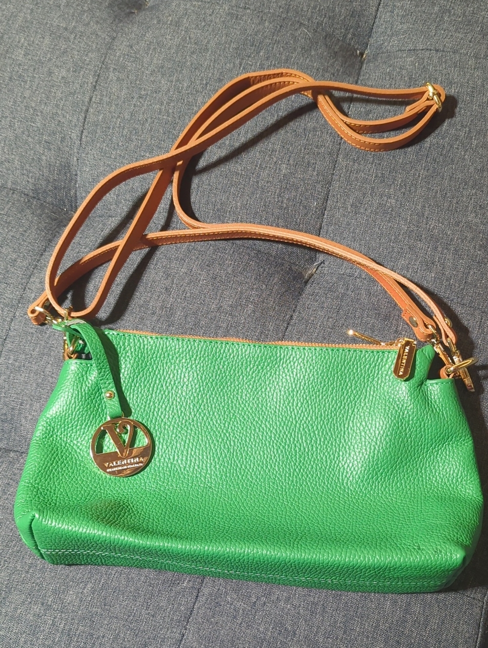 Valentina Bright Green Pebbled Leather Crossbody with Tan Strap